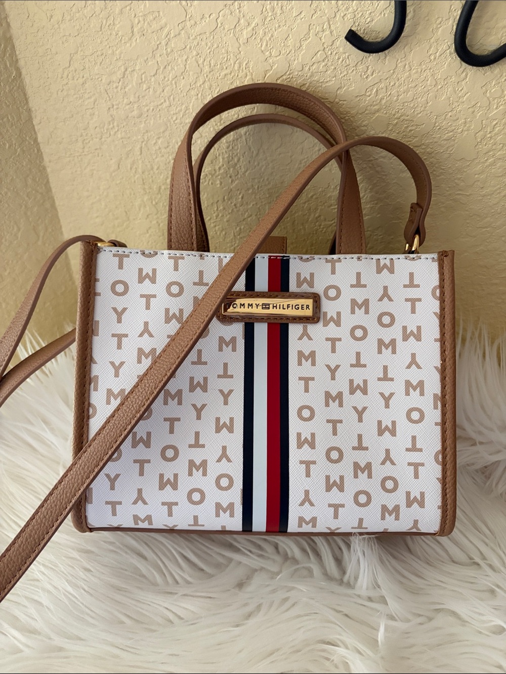 Tommy Hilfiger White & Brown Logo Stripe Crossbody Bag